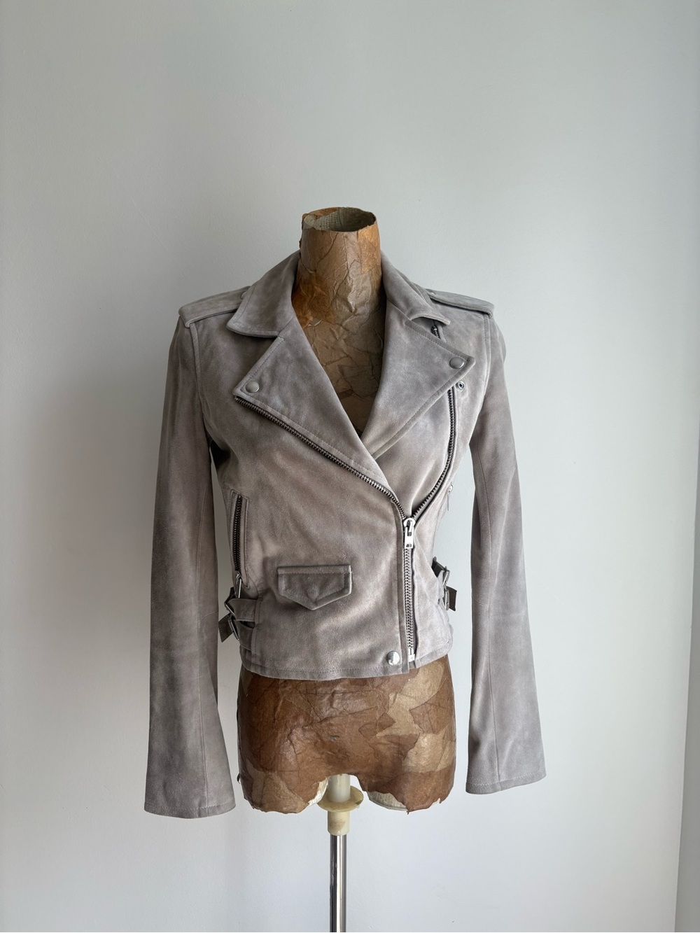 Zara Gray Faux Suede Moto Biker Jacket Silver Hardware Size 36